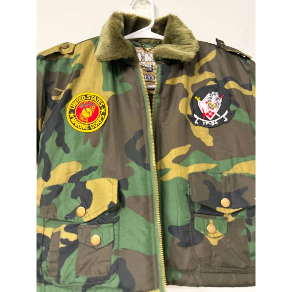 Wing Commander Kids Camo Flight Jacket USMC Patches Faux Fur Collar Size 5T